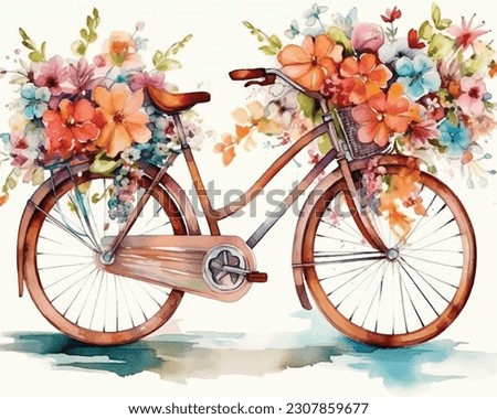 Bicycle decorated with flower. Cycle decoration by flower bouquet vector art illustration.