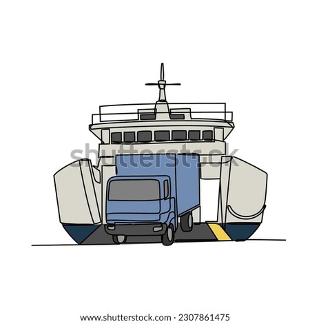 One continuous line drawing of vehicle enters to the ship. Sea vehicle in simple linear style. Transportation design concept vector illustration