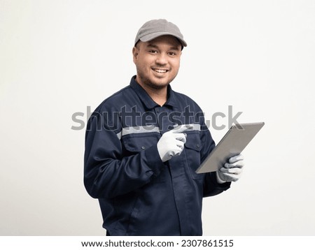 Technician workers in uniform maintenance service with tablet. Profession of service industry house repair. Home services isolated background. Royalty-Free Stock Photo #2307861515