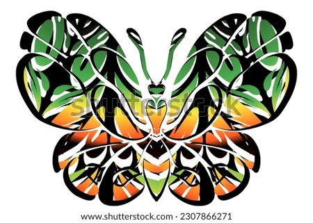The symmetrical illustration logo in the shape of a butterfly has dynamic gradient batik flower line art in a luxurious pattern colour 
