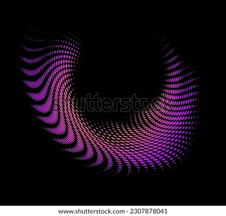 Dotted halftone swirl frame with neon gradient fill on a dark background. Vector.