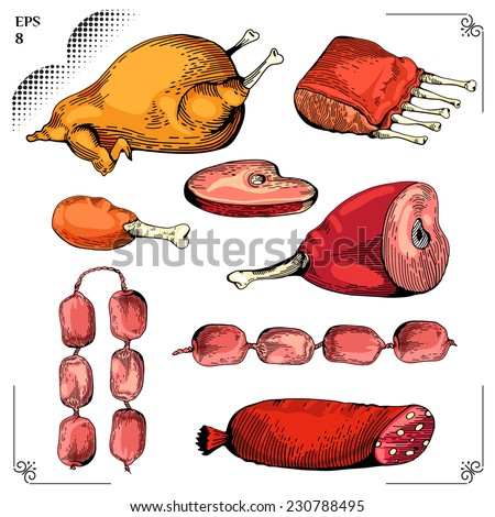 Chicken and Chicken leg, Gammon, Ribs, Sausage, Steaks. Cartoon illustration. Meat set. Graphics  picture. Engraving style. Color image. Eps 8