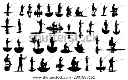 set of silhouettes of various positions and poses of men fishing
