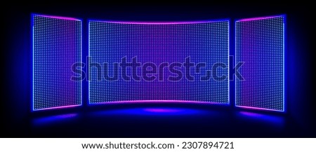 Tv show led screen stage and lcd wall background. Light panel concave monitor digital texture with dot pattern and scene. Curved cinema glittering diode pixel technology vector backdrop illustration Royalty-Free Stock Photo #2307894721