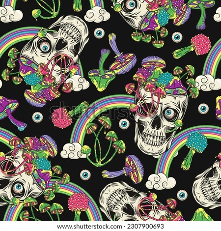 Pattern with rainbow, human skull like cup full of mushrooms Crazy mad skull with single eye and growing through skull mushrooms Surreal illustration for groovy, hippie, mystical, psychedelic design