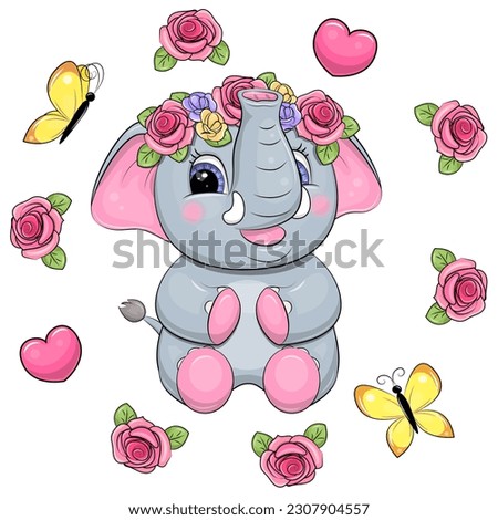 Cute cartoon elephant with a wreath of roses. Vector illustration of an animal in a floral frame on a white background.
