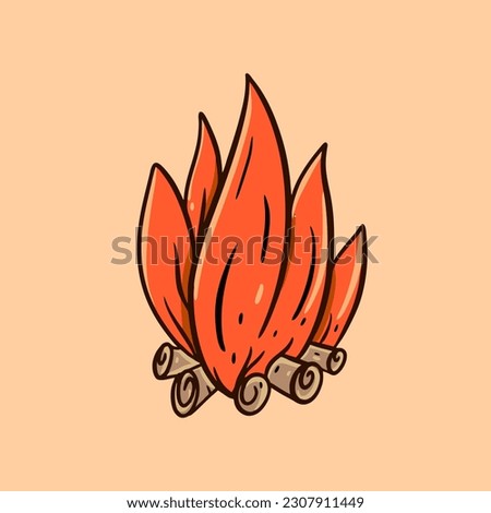 Color tourism bonfire sign art. Hand drawn cartoon style vector illustration. Isolated on orange background.