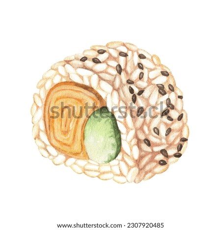 Sushi roll with vegetables sprinkled with black sesame seeds. Watercolor illustration. Asian, Japanese, Korean cuisines. Fast healthy hand drawn food. Clip art isolated on a white background