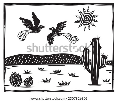 Landscape with scorching sun, couple of birds flying and many cacti in northeastern Brazil. Woodcut vector in cordel style Royalty-Free Stock Photo #2307926803