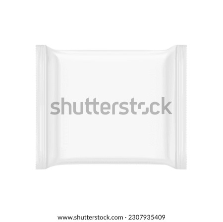 Hight realistic square flow packaging mockup. Vector illustration isolated on white background. Can be use for your design, promo, adv and etc. Possibility for food, candy, cosmetic. EPS10.	 Royalty-Free Stock Photo #2307935409