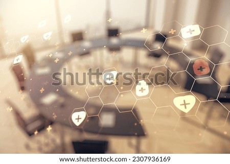 Abstract virtual medical illustration on a modern conference room background. Medicine and healthcare concept. Multiexposure
