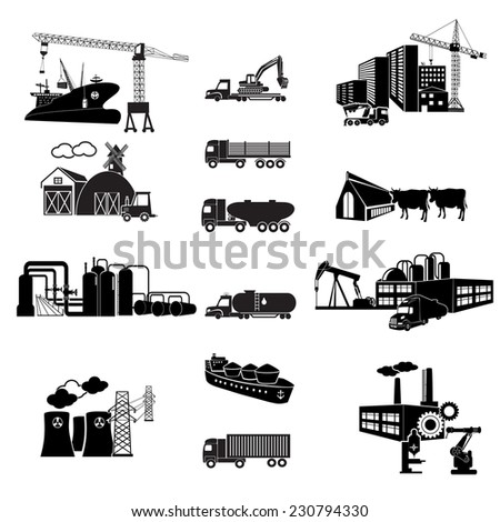 Industrial building factory and power plants icon set. Transport