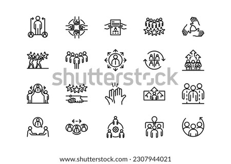 Teamwork business, organization, collaboration, research, and meeting lines icon set. Teamwork genres and attributes. Linear design. Lines with editable stroke. Isolated vector icons. Royalty-Free Stock Photo #2307944021