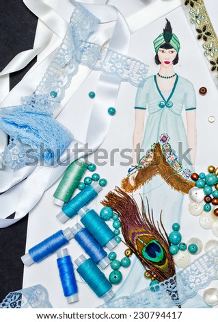 Sketch of fashionable dresses designer clothing closeup shot