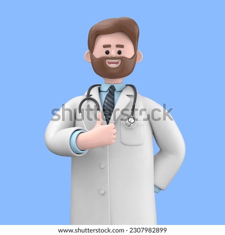 3D illustration of Male Doctor Iverson shows thumb up. Medical clip art isolated on blue background. Best choice concept. Health care recommendation metaphor

