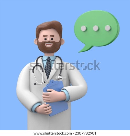 3D illustration of Male Doctor Iverson holds blue clipboard. Professional caucasian male specialist. Medical clip art isolated on blue background. Hospital assistant

