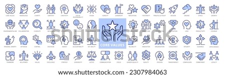 Core values line icons. Integrity, Empathy and Strategy. Vision, Social Responsibility, Commitment, Environmentalism icons. Personal Growth, Innovation, Family, Problem Solving. Full Vector Royalty-Free Stock Photo #2307984063