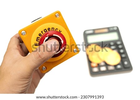 calculator bitcoin and stop button isolated on white background, calculation of profitability. financial disaster and crisis protection when market price fall.