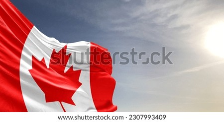 Canada national flag cloth fabric waving on beautiful grey sky Background.