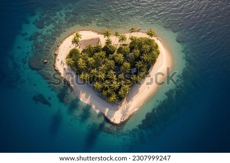 An island in the ocean with heart-shaped palm trees, top view, Generative AI Royalty-Free Stock Photo #2307999247