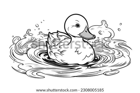 Vector Draw, Cute Duck on the water, Lineart