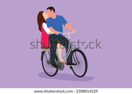 Graphic flat design drawing young loving couple cycling and kissing each other. Romantic human relation, love story, newlywed family in honeymoon traveling adventure. Cartoon style vector illustration