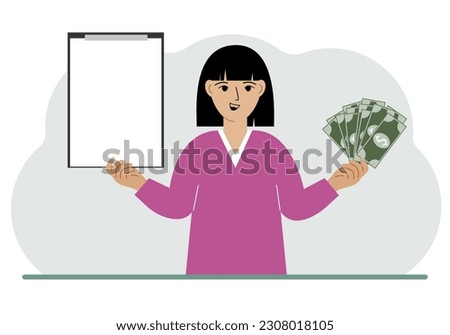 A woman holds a lot of paper money in one hand and in the other a clipboard empty for text. Concept for advertising banner or poster of earning or saving money. Vector flat illustration