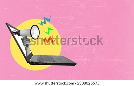 Composite art collage picture image of hands holding megaphone speakerphone from a laptop on pink background. Freelance work or call-to-action concept.