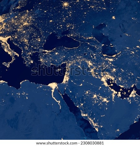 Earth photo at night, City Lights of Europe, Middle East, Turkey, Italy, Black Sea, Mediterrenian Sea from space, World map on dark globe on satellite photo. Elements of this image furnished by NASA.