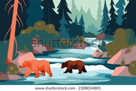 Family of bears fishing for salmon in a river. Animals wildlife in natural habitat concept