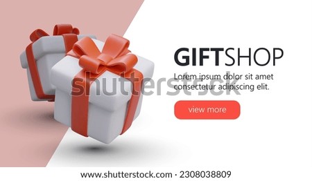 Gift shop. Horizontal banner for advertising souvenir shop, unusual gifts, holiday packaging. 3D illustration. Template with colored background, place for text and button Royalty-Free Stock Photo #2308038809