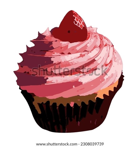  Vector cupcake with pink frosting and a strawberry on top. cupcake, strawberry, cake, dessert, sweet, cream, bakery