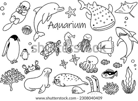 Clip art set of cute aquarium creatures Hand drawing
line drawing
