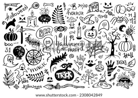Big Set Halloween pictures in doodle style. Line art illustrations 