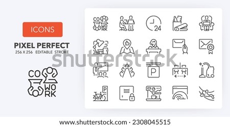Set of thin line icons about coworking and work spaces services. Outline symbol collection. Editable vector stroke. 256x256 Pixel Perfect scalable to 128px, 64px... Royalty-Free Stock Photo #2308045515