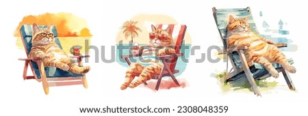 This enchanting watercolor-style vector image captures the serene essence of a lazy cat lounging on a chair against a breathtaking beach sunset.