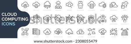 Set of line icons related to cloud computing, cloud services, server, cyber security, digital transformation. Outline icon collection. Editable stroke. Vector illustration Royalty-Free Stock Photo #2308055479