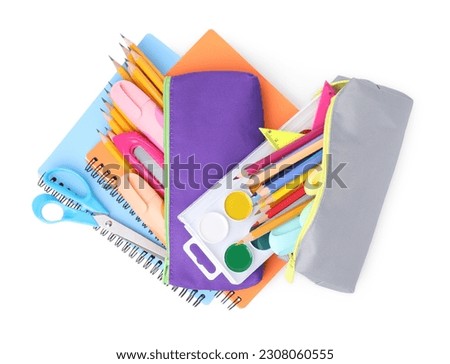 Many different school stationery isolated on white, top view Royalty-Free Stock Photo #2308060555