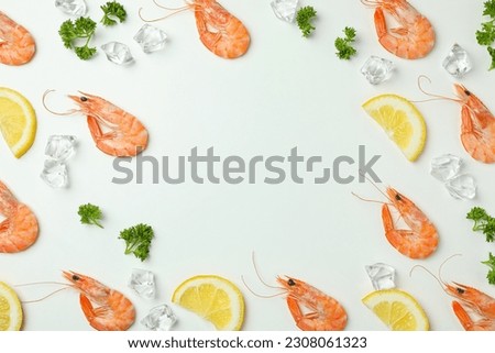 Tasty cooked shrimps on white background, space for text