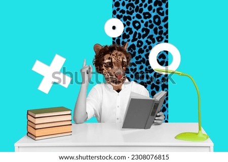 Creative collage picture of black white colors schoolboy read book point finger desktop lamp isolated on turquoise background