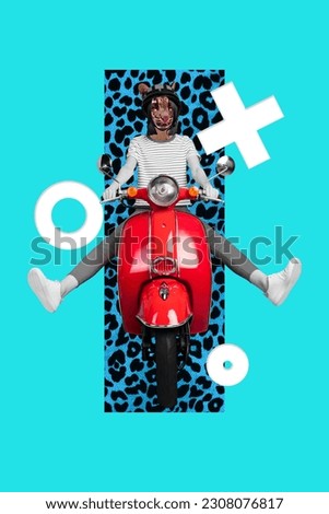 Vertical collage picture of excited person lynx head drive scooter isolated on painted teal background