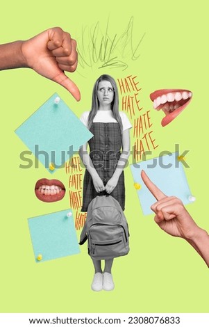 Photo collage artwork of stressed depressed lady getting hate massages isolated green color background