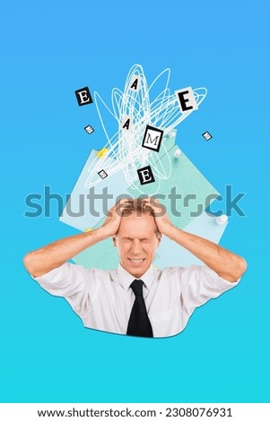 Collage sketch image of stressed depressed guy having headache overworking isolated blue color background
