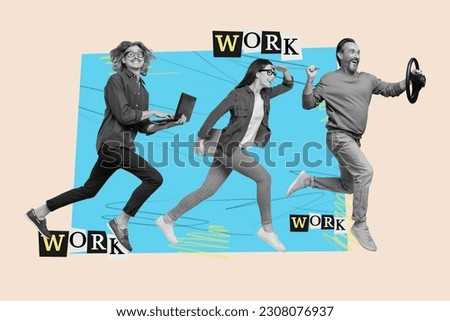 Artwork collage picture of black white gamma people running work hold use netbook auto wheel isolated on beige background
