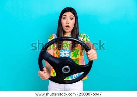 Photo of impressed reaction young woman rent car accidentally crashed automobile confused isolated on aquamarine color background