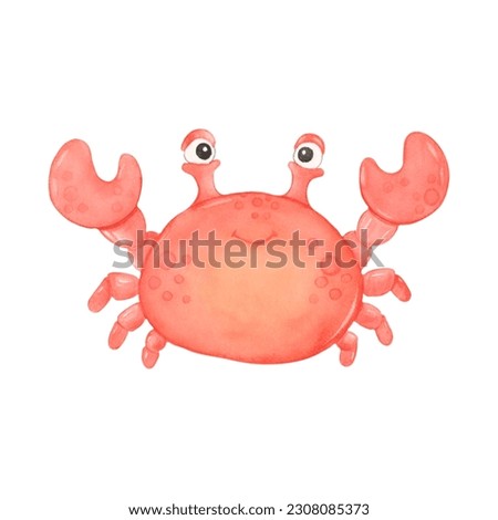  Cartoon sea crab cute kids watercolor illustration.  Sea creatures, deep sea fish , hand painted.