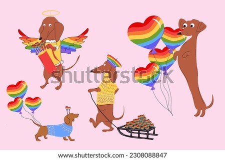 Dachshunds dogs pulls a rainbow hearts, valentines on a sleigh and decorate rainbow balloons in the shape of a heart. Vector illustration