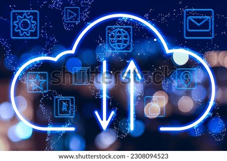 Web hosting. Digital cloud with arrows surrounded by icons against blurred background