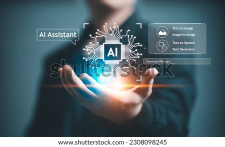 AI, Artificial Intelligence, AI generated content Concept. Artist Man using AI Art Assistant to generate image. Text to image command prompt generates, technology Business, futuristic transformation. Royalty-Free Stock Photo #2308098245