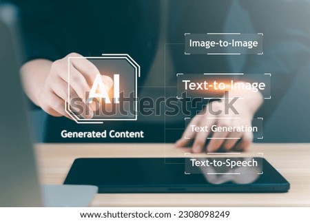 AI, Artificial Intelligence, AI generated content Concept. Artist Man using AI Art to generate image content. Text to image command prompt generates, technology Business, futuristic transformation. Royalty-Free Stock Photo #2308098249